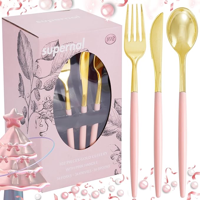 Supernal 102Pcs Pink Plastic Silverware, Gold Disposable Utensils with Pink Handle, Elegant Gold Plastic Silverware Set Includes 34 Forks, 34 Spoons and 34 Knives for Party & Wedding, Mother's Day