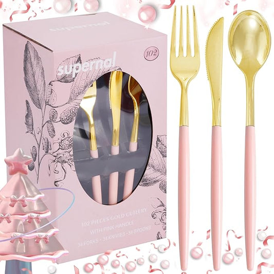 Supernal 102Pcs Pink Plastic Silverware, Gold Disposable Utensils with Pink Handle, Elegant Gold Plastic Silverware Set Includes 34 Forks, 34 Spoons and 34 Knives for Party & Wedding, Mother's Day