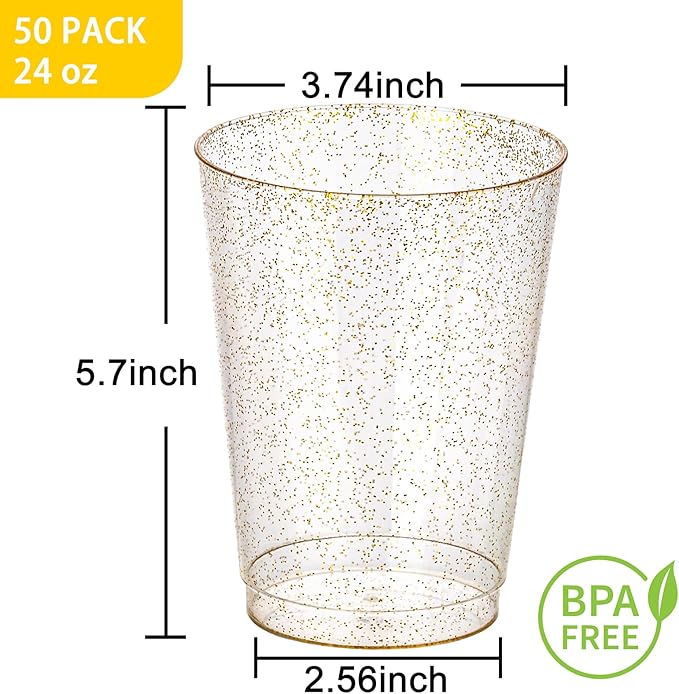 I00000 50 Pack 24 oz Gold Plastic Cups, Gold Glitter Cups Disposable Plastic Wine Glasses Cocktail Glasses Premium Cup, 24 Ounce Glitter Disposable Tumblers for Party & Wedding
