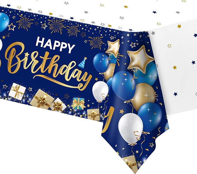DUAIAI Happy Birthday Decorations, 1 Pcs Navy Blue and Gold Birthday Tablecloth for Boys Girls Men Women, Plastic Disposable Rectangle Table Cover for Birthday Party Supplies- 54" x 108"