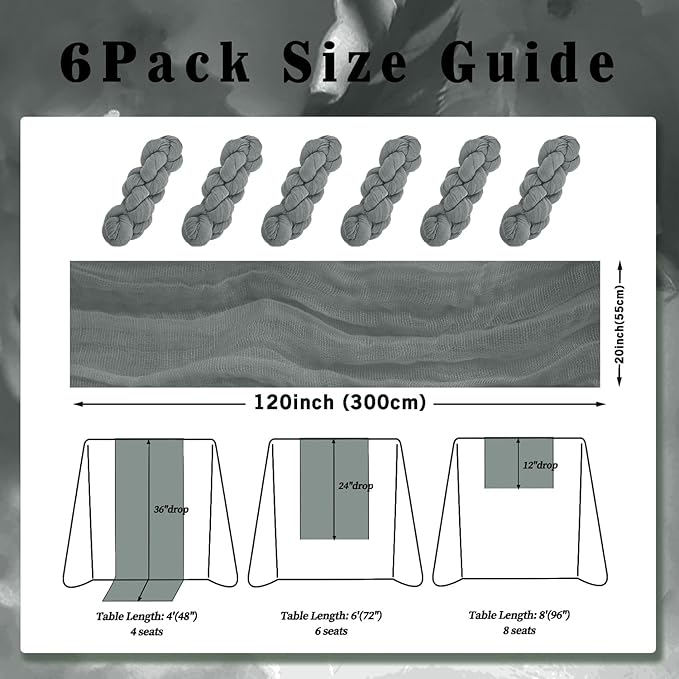 6 Pack Gray 10FT Cheesecloth Table Runner Rustic Gauze Fabric Cheese Cloth Table Runner for Wedding Bridal Baby Shower Table Decor 20 x 120 Inch Long Boho Sheer Birthday Party Table Decorations