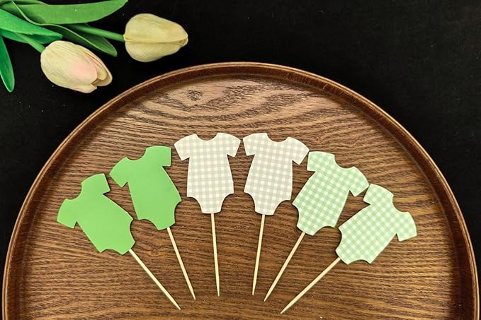 ALISSAR 36 Pcs Sage Green Gingham Cupcake Toppers - Neutral Baby Shower Decorations, Baby Shower Cake Topper, Bodysuit & Cupcake Toppers, Diaper Cake Decor, Gender Neutral Party Supplies
