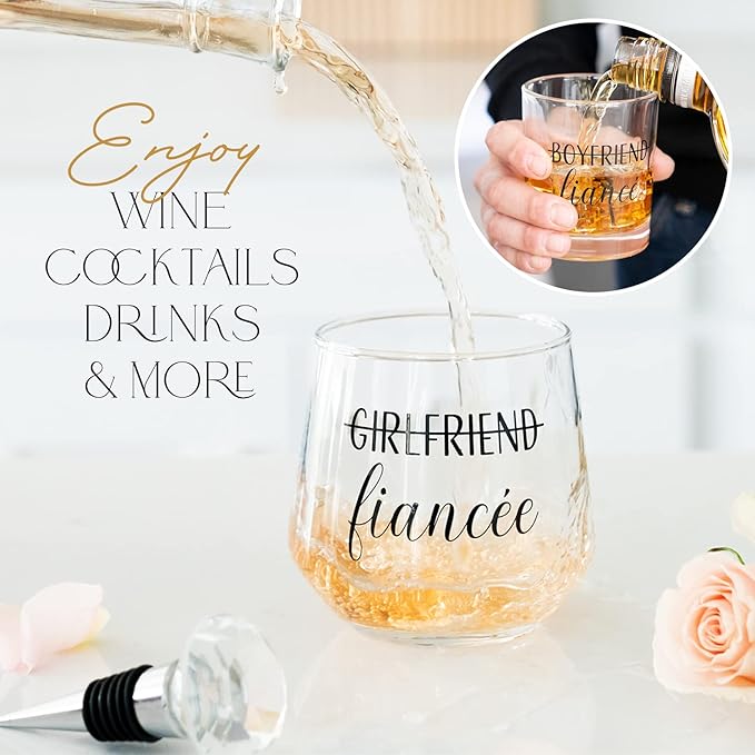 Engagement Gifts for Couples - Unique Fiance Gift for Him or Her! Whiskey Wine Glasses with Diamond Wine Stopper