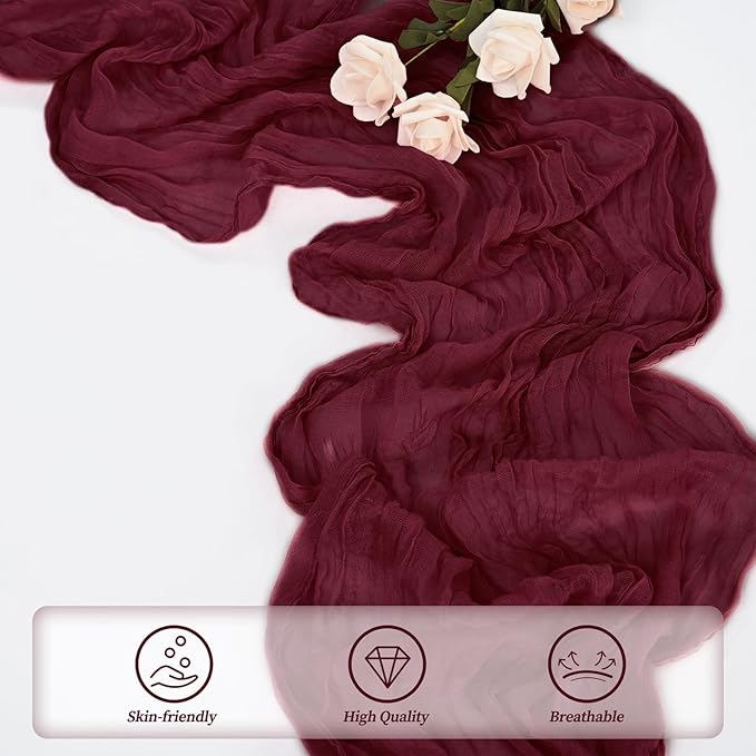 Burgundy 6 Pack Cheesecloth Table Runner 10FT Rustic Gauze Cheese Cloth Table Runner for Wedding Bridal Baby Shower Table Decor 20 x 120 Inch Long Boho Fabric Sheer Birthday Party Table Decorations