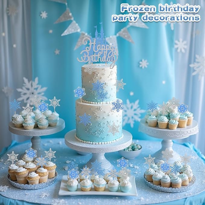 26Pcs Ice Castle Cake Toppers Double Layer Silver Blue Snowflake Cupcake Toppers Winter Wonderland Cake Decorations for Princess Happy Birthday Baby Shower Party Supplies