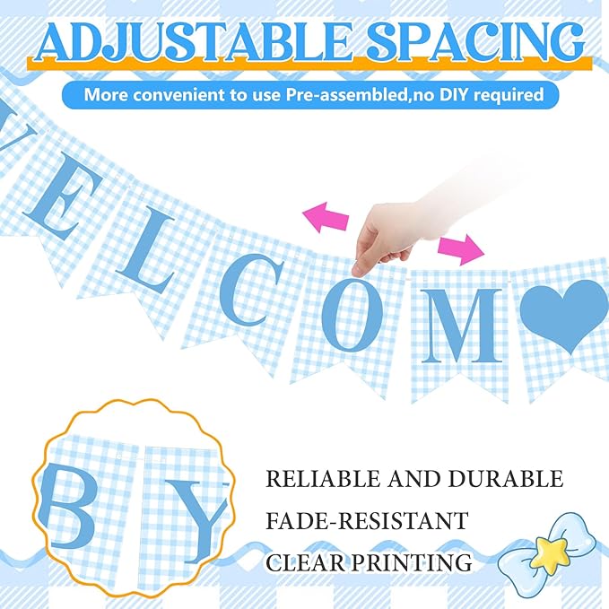 1 Pcs Blue Gingham Welcome Baby Boy Banner for Baby Shower Party Decorations Pre Strung Gender Reveal Paper Banner for Table, Wall, Mantel Display Party Decor Supplies