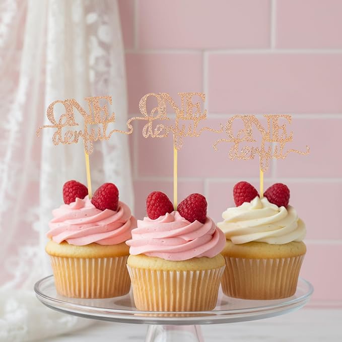 36 Pack Onederful Birthday Cupcake Topper for Girls, Glitter Rose Gold 1st Birthday Cake Topper Girl Cute Onederful Birthdays Decorations for First Birthdays Baby Shower Theme Party