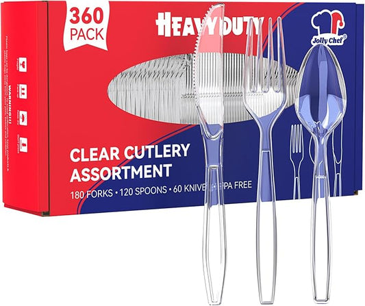 JOLLY CHEF 360 Count Clear Plastic Silverware Heavy Duty-180 Forks, 120 Spoons, 60 Knives, Heat Resistant Plastic Cutlery, Disposable Utensils Set for Parties, Events, Everyday Use