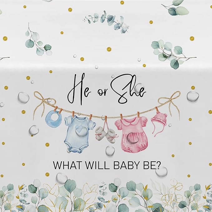 APOWBLS Gender Reveal Decorations Tablecloth, 3 Pack Disposable Greenery Baby Clothes Theme Boy or Girl Gender Reveal Baby Shower Party Supplies Table Cover, 55in x 86in