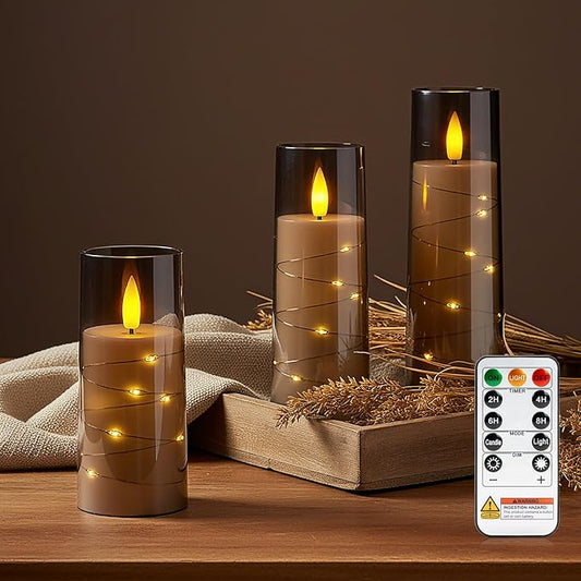 Raycare Flameless Candle with Remote Timer, 3 Flickering Acrylic Battery Operated LED Pillar Candles with Embedded Star String for Christmas, Home Decor, and as a Gift(Grey)