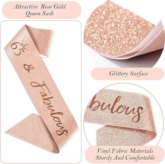 65th Birthday Gifts Decorations for Women, Including 65 year old Birthday Cake Topper,Queen Sash with Pearl Pin, Sweet Rhinestone Tiara Crown, Number Candles and Balloons Set, Rose Gold