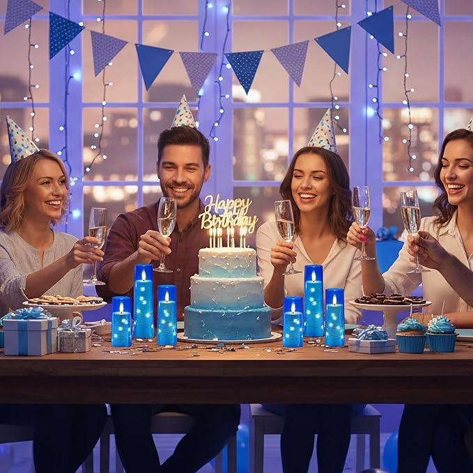 Raycare Flameless Candle with Remote Timer – 5 Flickering Acrylic Battery Operated LED Pillar Candles with Embedded Star String for Christmas, Home Decor, and as a Gift(Blue)