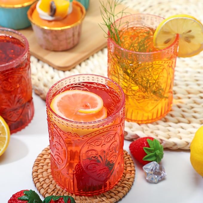 6 Plastic Vintage Drinking Glasses 8.5oz Stemless Retro Embossed Wine Glasses Shatterproof Reusable Cups for Baby Shower Wedding Reception Grand Event Party (Pink)