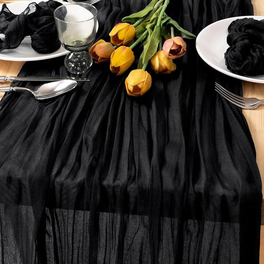 MLMC 3 Pack Black Table Runner 10ft Rustic Gauze Cheesecloth Table Runner 35x120 Inches Cheese Cloth Centerpiece for Wedding Party Bridal Shower Anniversary Events Gothic Decor