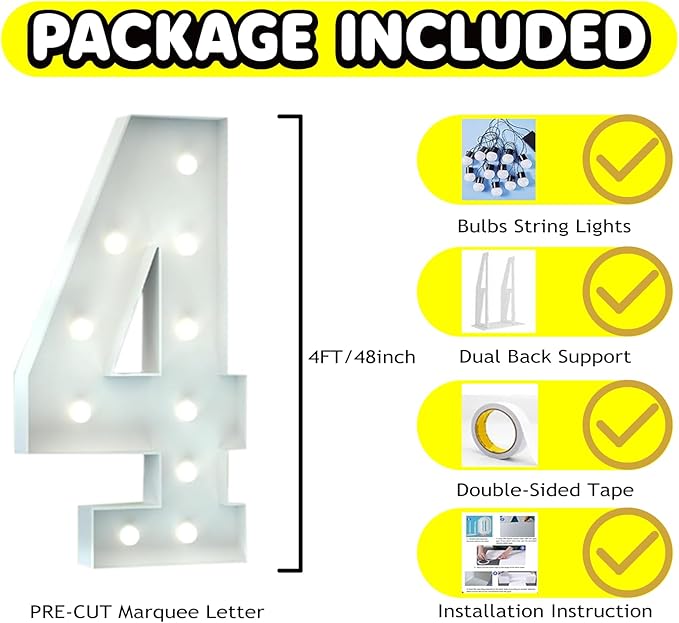 4FT Marquee Light Up Number, Giant Large Number PRE-CUT Foam Board Sign DIY Party Decor for Wedding, Birthday, Anniversary, Graduation, Holiday&Home Supplies (Number 4)