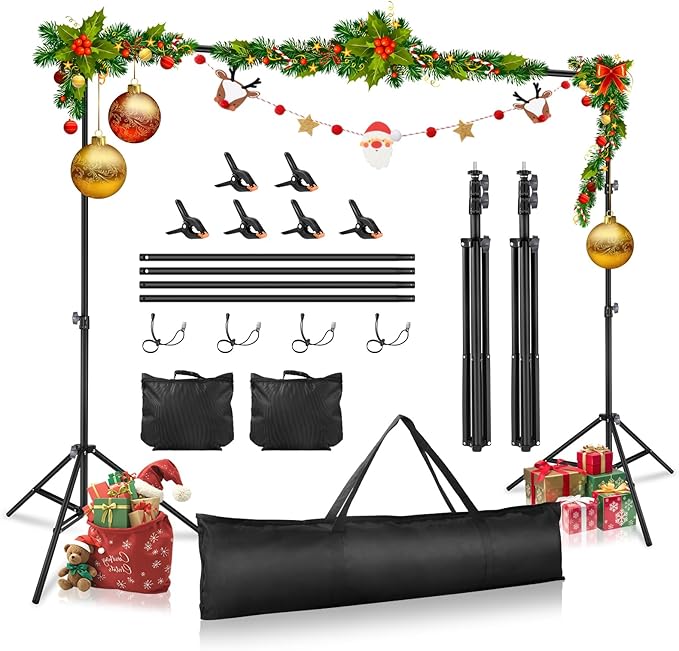 Backdrop Stand 10x7ft(WxH) Photo Studio Adjustable Backdrop Stand Kit Photography Backdrops with 4 Crossbars, 6 Clamps, 4 Spring Clip, 2 Sandbags and Carry Bag for Parties/Wedding/Photography
