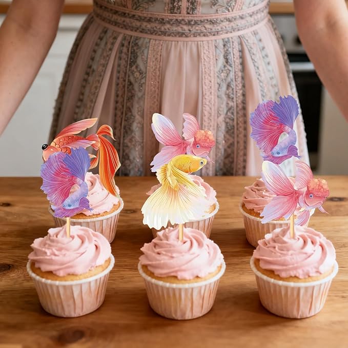 28 pcs Double Sided Goldfish Cupcake Toppers ornamental fish Theme Decorations Baby Shower Happy Birthday Party aquarium Party Cake fish Decoration Supplies