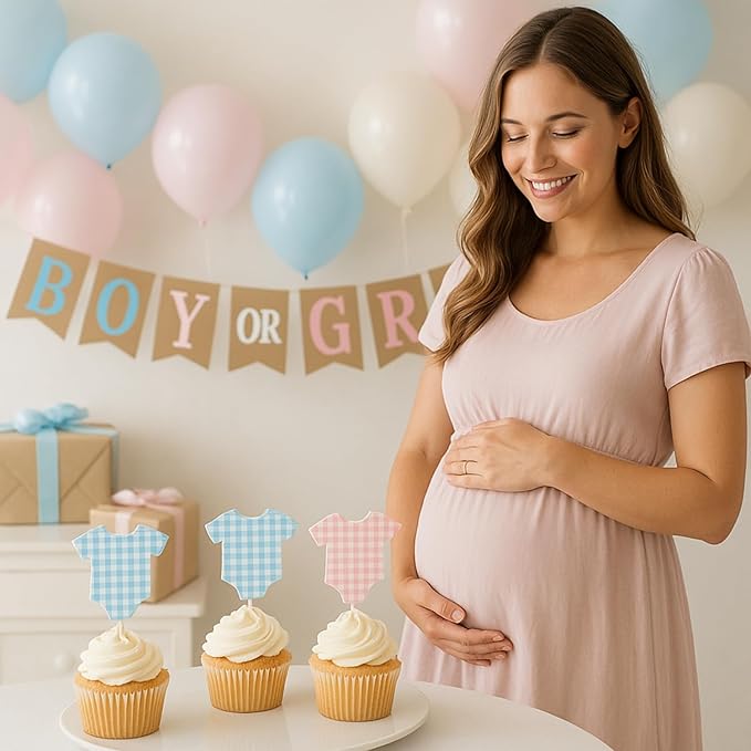 ALISSAR 36 Pcs Blue & Pink Gingham Cupcake Toppers - Gender Reveal Decorations, Baby Shower Cake Topper for Boys & Girls, Diaper Cake Decor, Gender Reveal Party Supplies