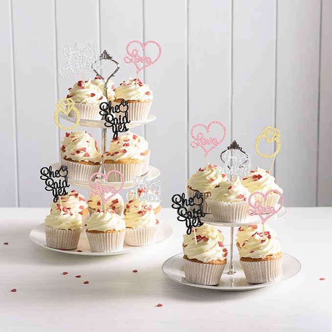 Gyufise 24 Pack Multicolor Glitter He Asked She Said Yes Cupcake Toppers Diamond Ring Heart Cake Picks for Wedding Engagement Party Table Decorations