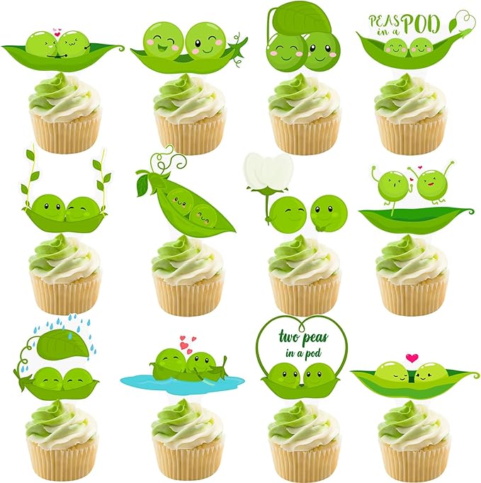 Two Peas in a Pod Twins Cupcake Toppers Twins Baby Shower Decorations 48Pcs Pea Party Cake Topper Decorations Sweet Pea Cupcake Picks for Two Peas in a Pod Twins Gender Reveal Birthday Party Supplies