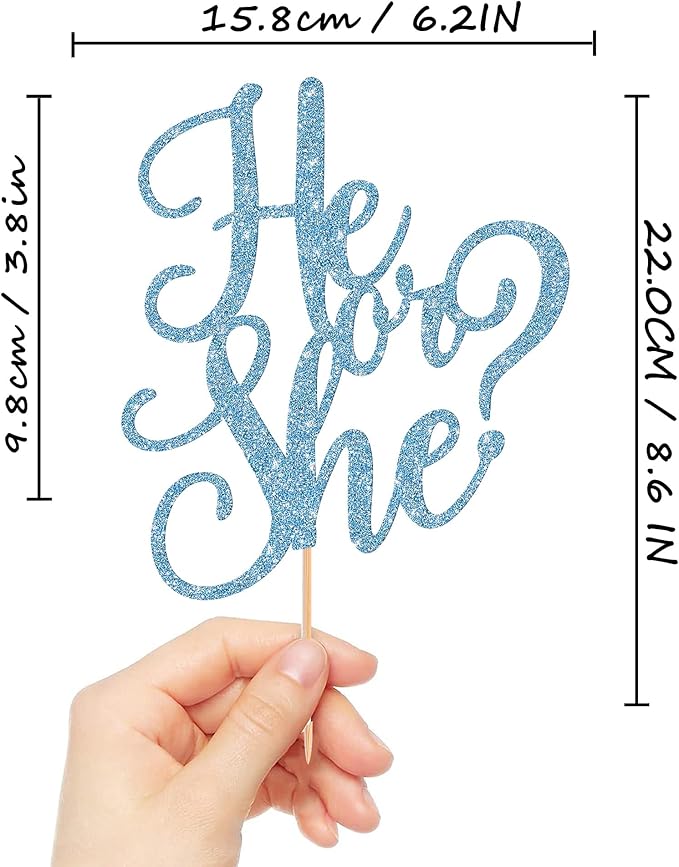 He or She Cake Topper - Glitter Gold Gender Reveal Cake Topper Decorations, Suitable for Baby Shower Favors, Baby Gender Reveal, Baby Birthday Party or Baby Photo Booth Props (Sky Blue)