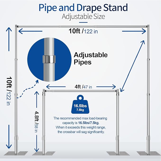 Pipe and Drape Backdrop Stand, 10x10ft Heavy Duty Adjustable Backdrop Frame with Metal Base, Background Holder for Parties Photography Wedding Photoshoot Decoration