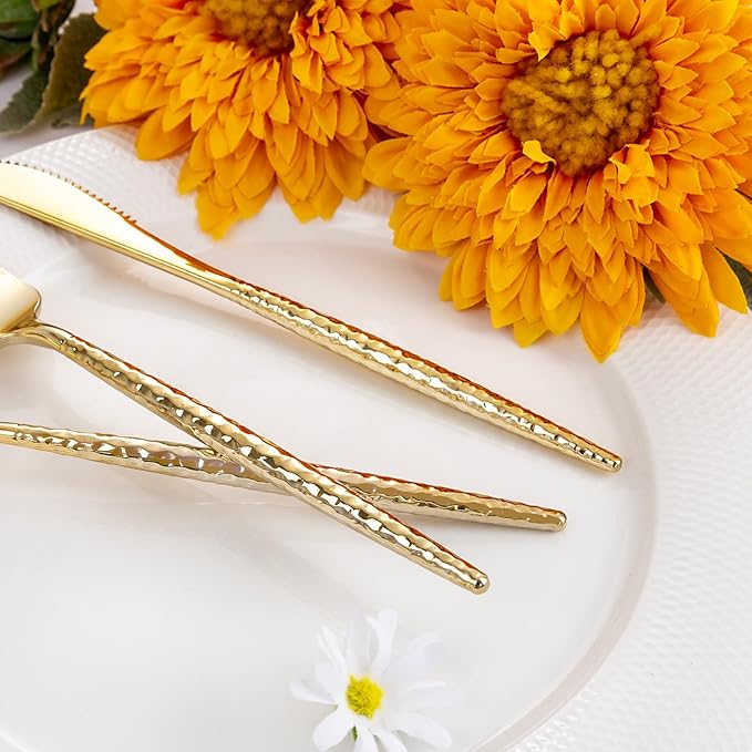 Rubtlamp 90Pcs Christmas Gold Plastic Silverware, Gold Disposable Christmas Utensils, Hammered Plastic Silverware, Gold Plastic Forks And Spoons Set Include 30 Forks, 30 Knives,30 Spoons