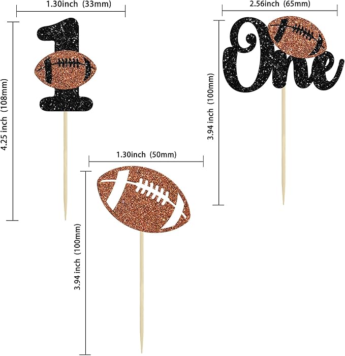 24Pcs Rugby 1st Birthday Cupcake Toppers Glitter First Birthday American Football One Cupcake Picks Decorations for Rugby Sports Theme Baby Shower Kids 1st Birthday Party Cake Supplies