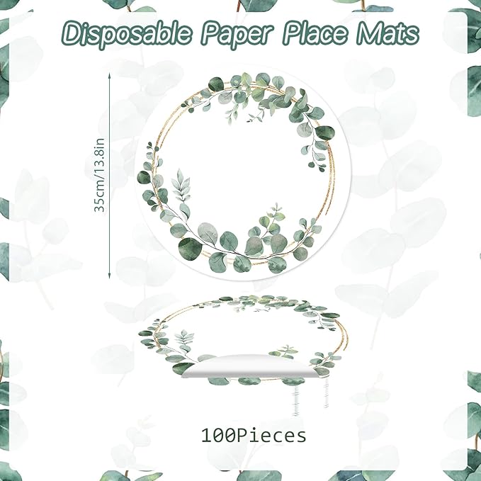 Disposable Paper Placemats - 100 Pack Green Eucalyptus Leaves Round Table Mats, 13.7 Inch, Perfect for Birthday, Baby Shower, Party Decoration