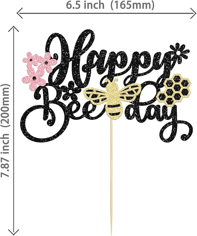 1 Pack Happy Bee Day Cake Topper Glitter Bumble Bee Theme Cake Pick Decorations for Baby Shower Kids Birthday Party Supplies Black