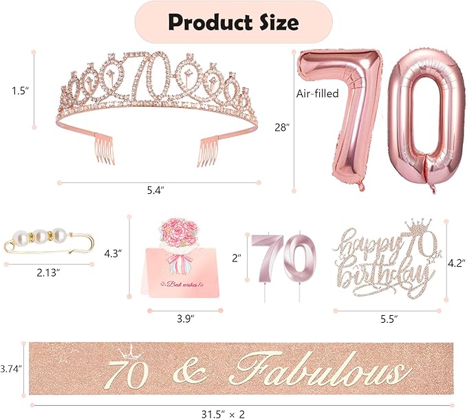 70th Birthday Gifts Decorations for Women, Including 70th Cake Toppers, Birthday Queen Sash with Pearl Pin, Sweet Rhinestone Tiara Crown, Number Candles and Balloons Set, Rose Gold