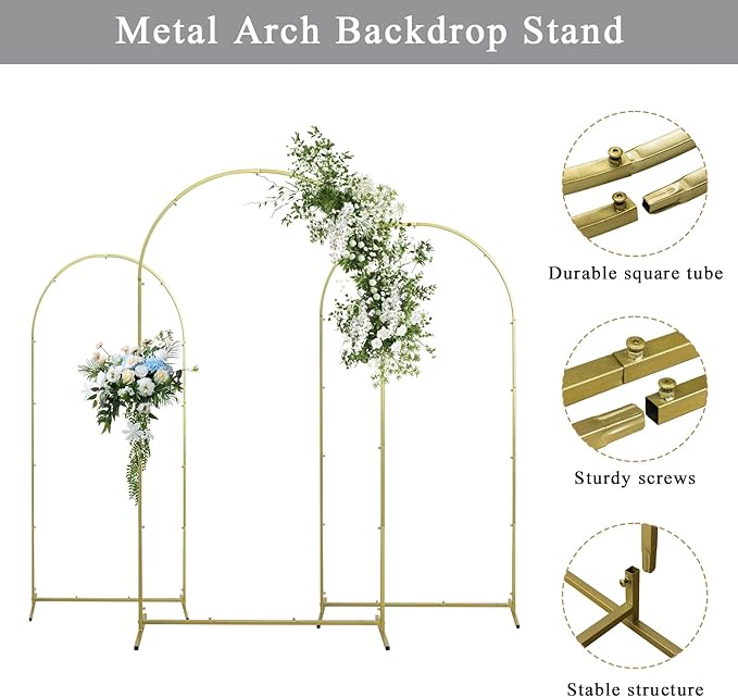 Wedding Arch Backdrop Stand Set of 3, (6, 6.6, 7.2) Metal Arch Backdrop Stand with Wedding Arch Cover, Wedding Balloon Arch Backdrop Stand for Birthday, Baby Shower, Anniversary.