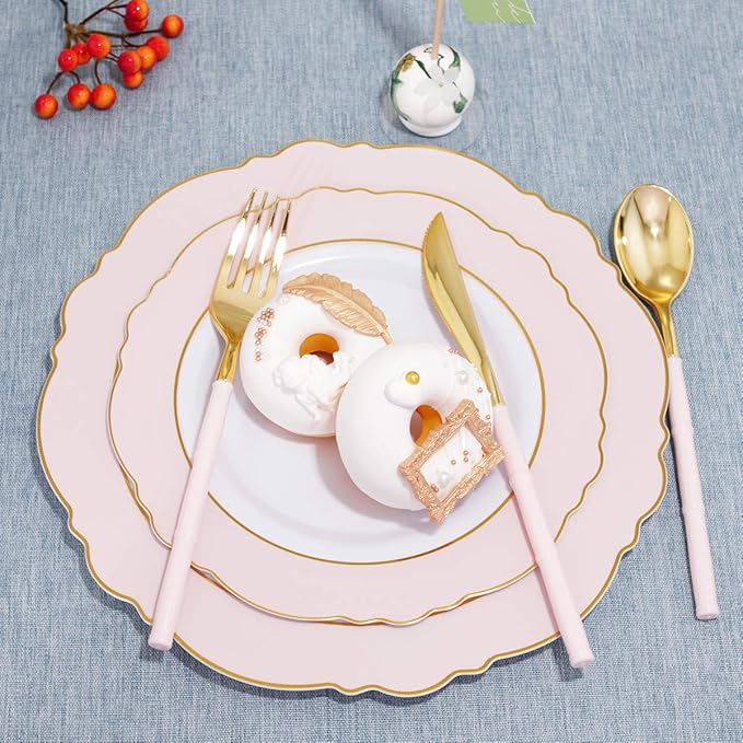 WDF 180Pieces Gold Plastic Silverware-Gold Plastic Cutlery with Pink Handle- Heavyweight Disposable Flatware-Disposable Utensils Include 60 Forks,60 Spoons,60 Knives for Wedding/Party