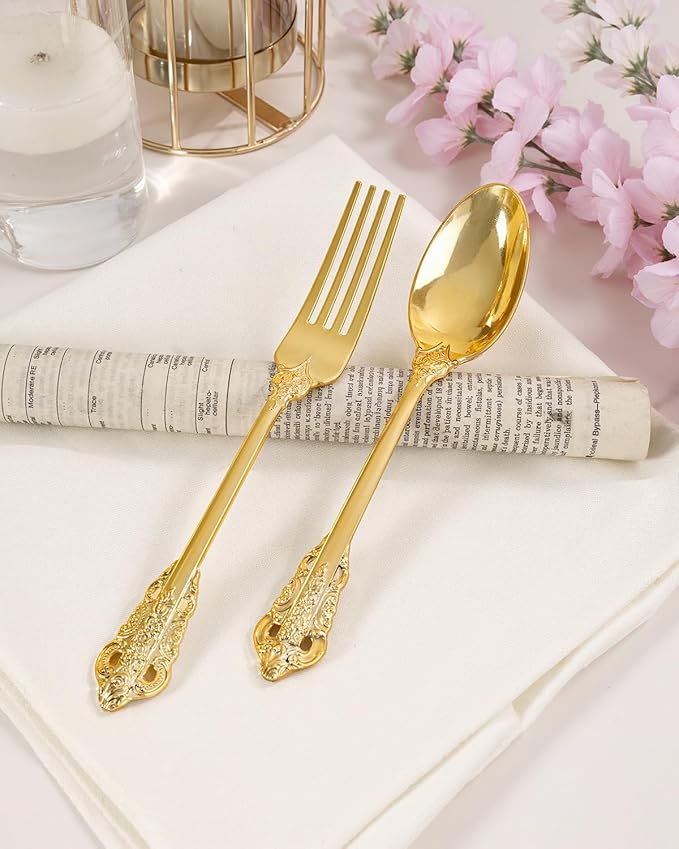 bUCLA HEAVYWEIGHT 300PCS Gold Plastic Silverware Disposable - Extra Heavy Duty Plastic Cutlery - Gold Disposable Utensils Set - Include 100 Knives, 100 Forks, 100 Spoons for Party & Special Moments