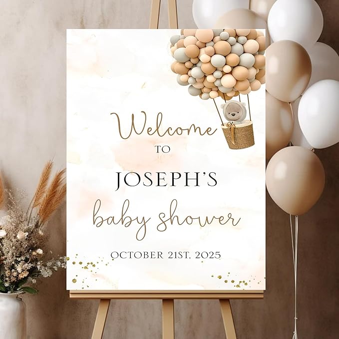 Balloon Bear Baby Shower Welcome Sign With Stand, Gifts Sign For Baby Shower, Personalized Baby Shower Gifts, Adventure Baby Shower Decorations