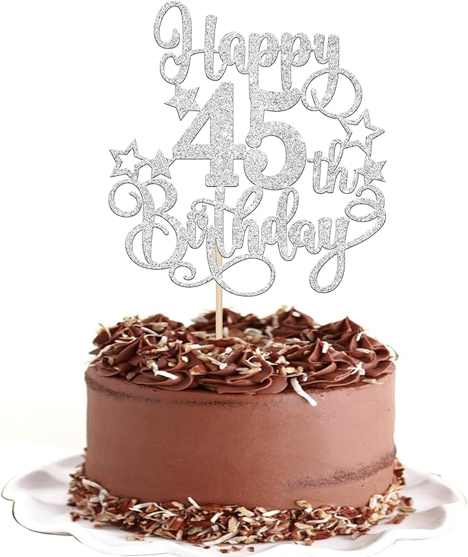 1 PCS Happy 45th Birthday Cake Topper Glitter Cheers to 45 Years Birthday Cake Pick Hello 45 Fabulous Cake Decoration for Happy 45th Birthday Anniversary Party Decorations Supplies silver