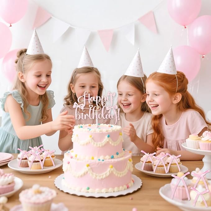6 PCS Bow Cake Toppers Pink Bow Birthday Decorations Coquette Birthday Decorations Bows for Cake Wedding Party High Footed Cup Balloons Anniversary Party Supplies