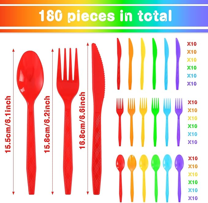 180Pcs Rainbow Red Orange Yellow Green Blue Purple Plastic Silverware Heavy Duty Disposable Flatware Cutlery Set Includes Forks Spoons Knives for Rainbow-Themed Birthday Halloween Pride Party