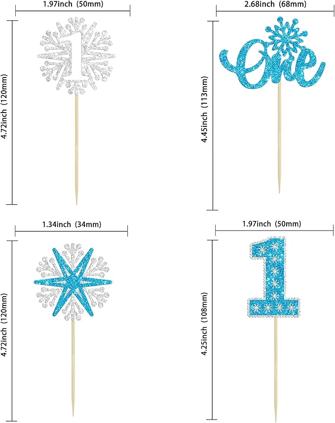 24Pcs One Snowflake Cupcake Toppers Blue Glitter Winter Snowflake 1st Birthday Cupcake Picks First Birthday Cake Decorations for Winter Wonderland Kids 1st Birthday Party Supplies
