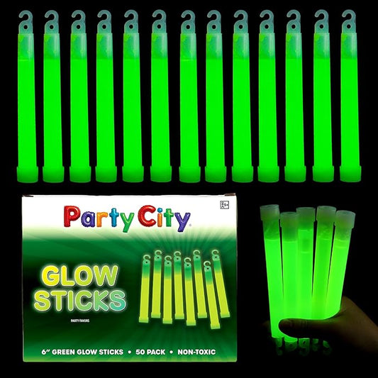Party City Green Glow Sticks Bulk Pack 6”- 50pk Glow in the Dark Sticks for Kids, Waterproof Camping Survival Ultra Bright Emergency Light Stick with String, Neon Glowsticks Party Supplies Favors