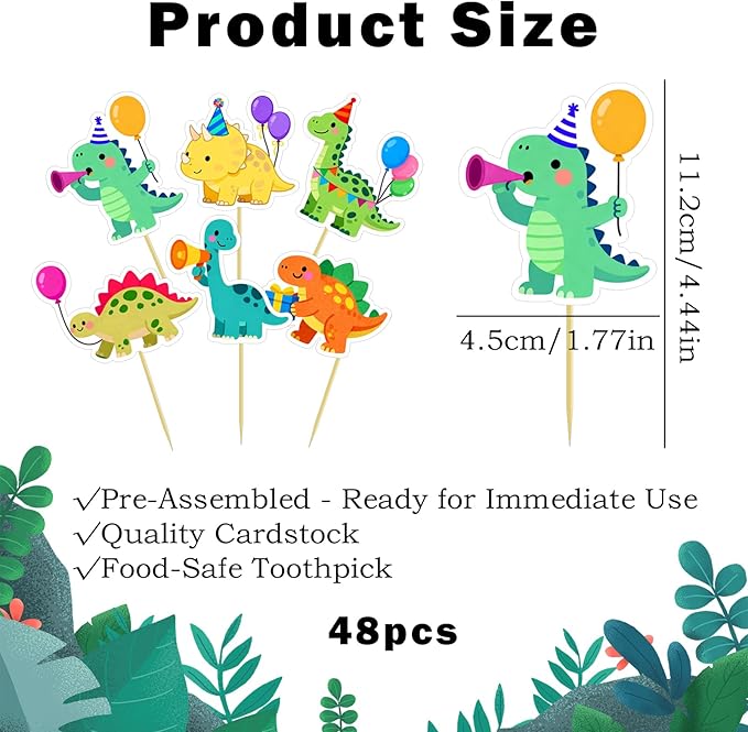 48Pcs Dinosaur Cake Toppers Set - Dinosaur Cupcake Toppers for Birthday Party Decorations, Dino Themed Baby Shower, Cake Decorations with Food-Safe Bamboo Sticks