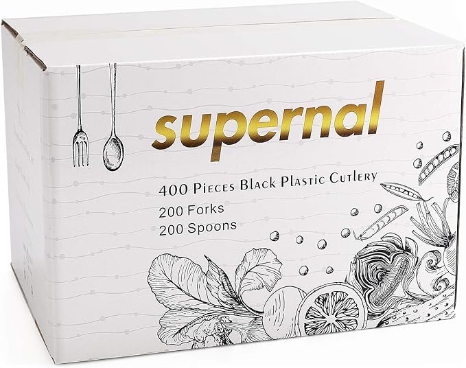 Supernal 400pcs Black Plastic Silverware, Plastic Forks and Spoons, Black Disposable Silverware Sets - 200 Forks and 200 Spoons Prefect for Party, Birthday and Halloween