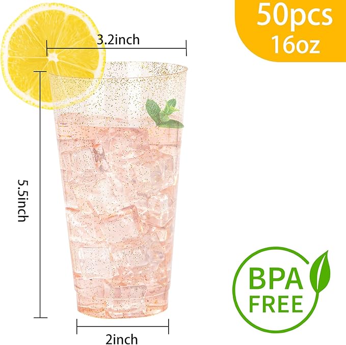 I00000 16 oz Gold Plastic Cups, 50 Pack Gold Glitter Plastic Cups Tumblers Disposable Party Cup Wedding Cup, Heavy-duty Plastic Disposable Glasses Ideal for Halloween,Thanksgiving and Christmas