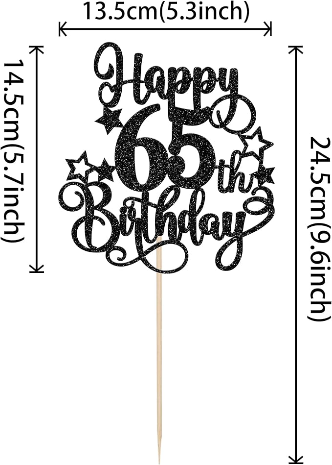 1 PCS Happy 65th Birthday Cake Topper Glitter Cheers to 65 Years Birthday Cake Pick Hello 65 Fabulous Cake Decoration for Happy 65th Birthday Anniversary Party Decorations Supplies Black
