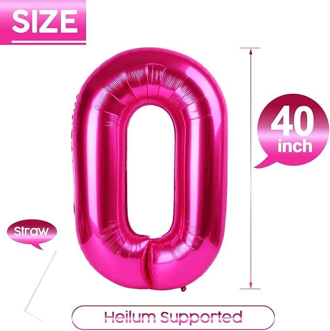 0 Balloon - Hot Pink Birthday Number Balloons, 40 Inch Large Foil Balloons for Men Women Boys Girls Hot Pink Themed Birthday Decorations