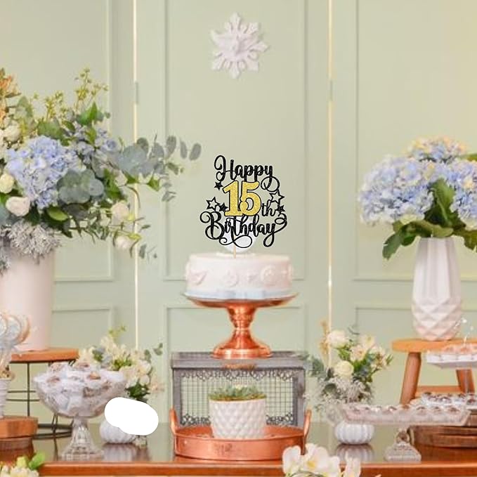 1 PCS Happy 15th Birthday Cake Topper Black Gold Glitter Cheers to 15 Years Birthday Cake Pick Hello 15 Fabulous Cake Decoration for Happy 15th Birthday Anniversary Party Decorations Supplies