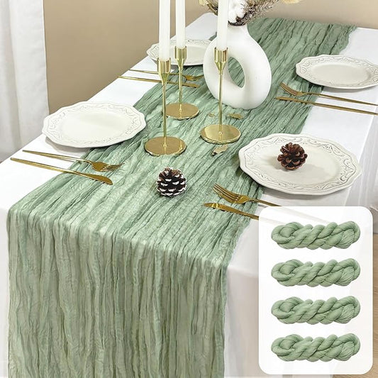 FEXIA 4 Pack Baby Shower Decoration Table Runner 35x120 Inches Sage Green Gauze Rustic Table Runner for Wedding Party First Communion Centerpiece Engagement Bridal Shower Boho Decoration