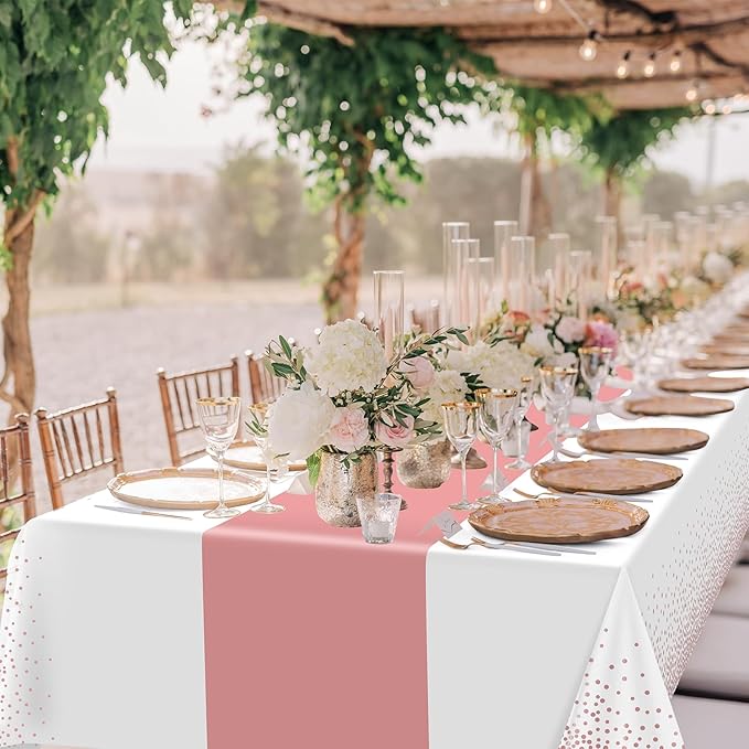 1Pcs White and Rose Gold Tablecloth Party Decorations,Plastic White Table Cloth Printed Rose Gold Table Runner Disposable Rectangle Cover for Birthday Anniversary Wedding Grad Party,54 x108 Inch