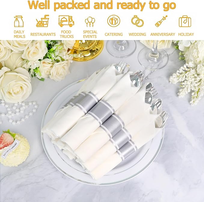 100 Pack Pre Rolled Silver Plastic Silverware Set,Wrapped Plastic Cutlery Set with Napkin Include 100 Forks,100 Spoons,100 Knives and 100 White Napkins for Party, Wedding,showers,Christmas