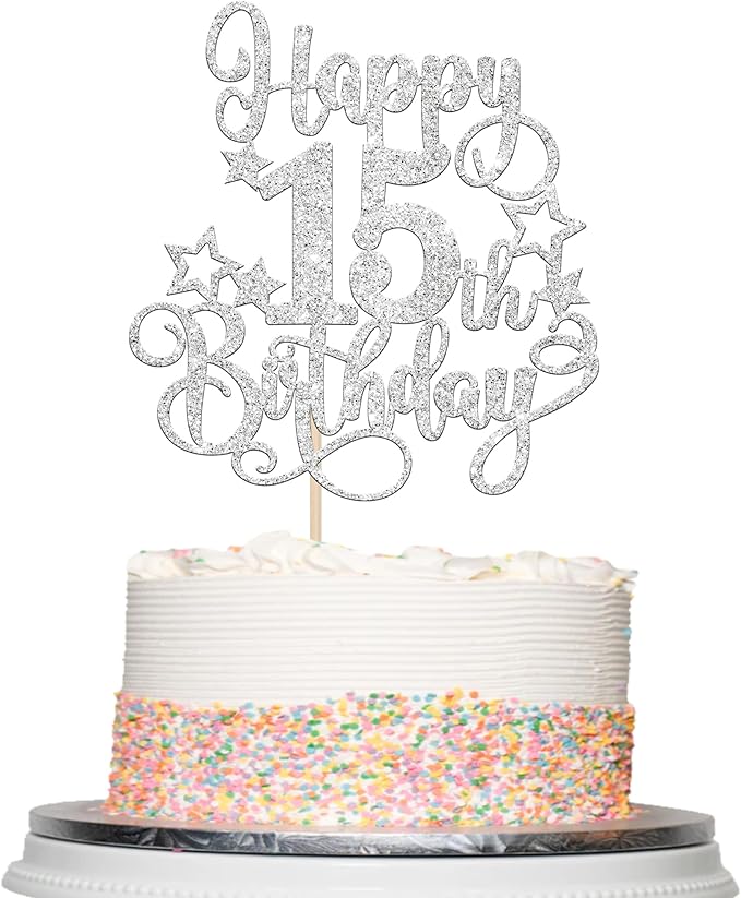 1 PCS Happy 15th Birthday Cake Topper Glitter Cheers to 15 Years Birthday Cake Pick Hello 15 Fabulous Cake Decoration for Happy 15th Birthday Anniversary Party Decorations Supplies silver